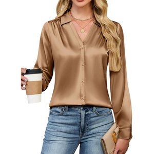 Blooming Jelly Womens Satin Button Down Shirts Work Dressy Casual Blouses Shirt Collar Long Sleeve Tops 2025(Brown)