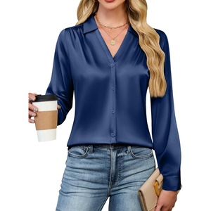 Blooming Jelly Womens Satin Button Down Shirts Work Dressy Casual Blouses Shirt Collar Long Sleeve Tops 2025(Navy Blue)