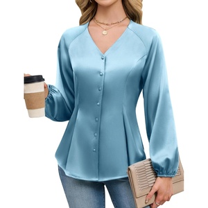 Blooming Jelly Womens Satin Silk Dressy Casual Business Blouse Button Down Long Sleeve Peplum Top Work Shirt Fall Outfit(Turquoise)