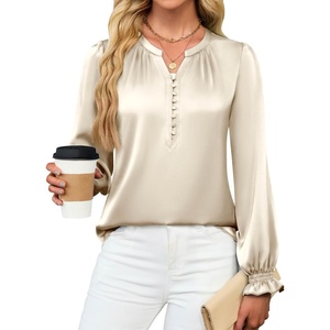 Blooming Jelly Womens Silk Dressy Casual Blouses Button Down Long Sleeve Shirts Satin Business Casual Tops Work Outfits 2025(Apricot)