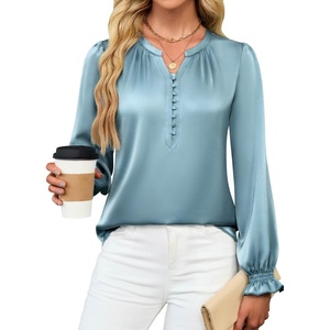 Blooming Jelly Womens Silk Dressy Casual Blouses Button Down Long Sleeve Shirts Satin Business Casual Tops Work Outfits 2025(Blue)