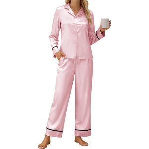 Blooming Jelly Women’s Silk Satin Pajamas Long Sleeve Button Down 2 Piece Lounge Set Striped Loungewear Sleepwear(Pink Striped)