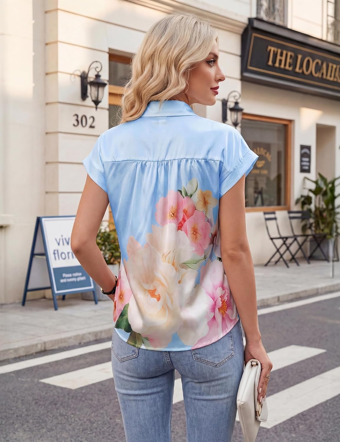 image:imageBlooming Jelly Women Dressy Casual Satin Blouses Summer Short Sleeve Button Down Shirt Elegant Floral Print TopFloral on Blue