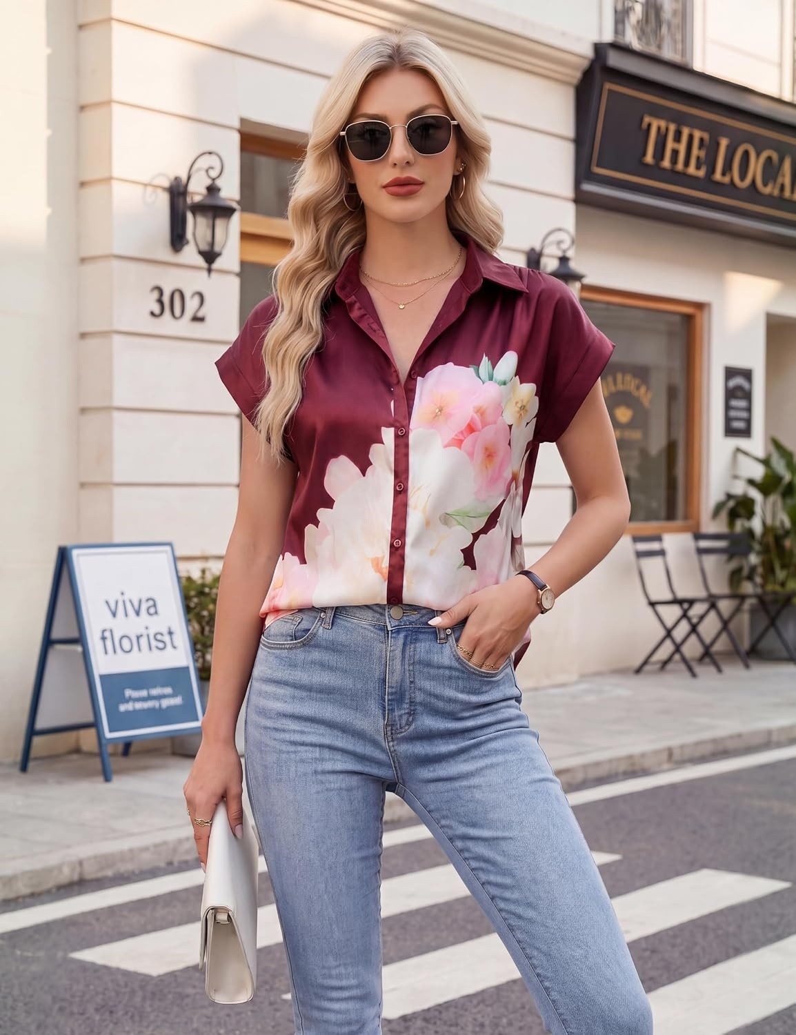 image:imageBlooming Jelly Women Dressy Casual Satin Blouses Summer Short Sleeve Button Down Shirt Elegant Floral Print TopFloral on Dark Red