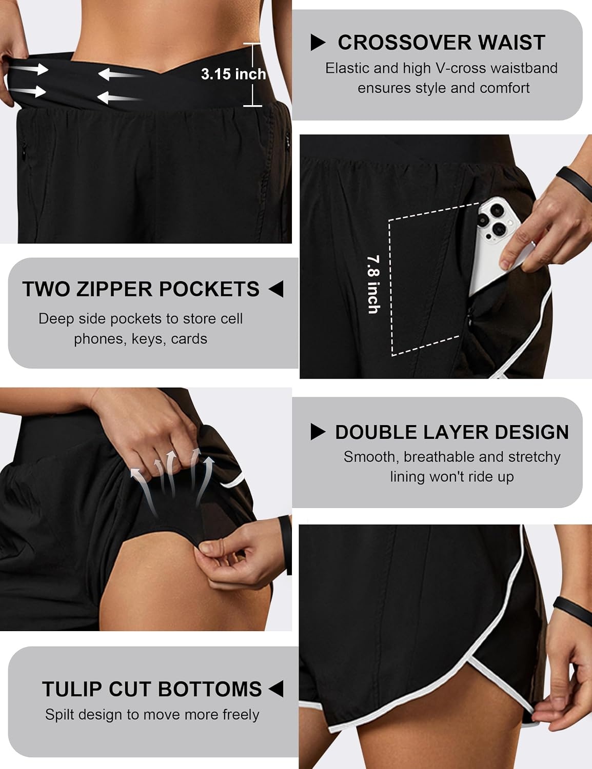 image:imageBlooming Jelly Womens Athletic Running Shorts Crossover Gym Workout ShortsBlack and White