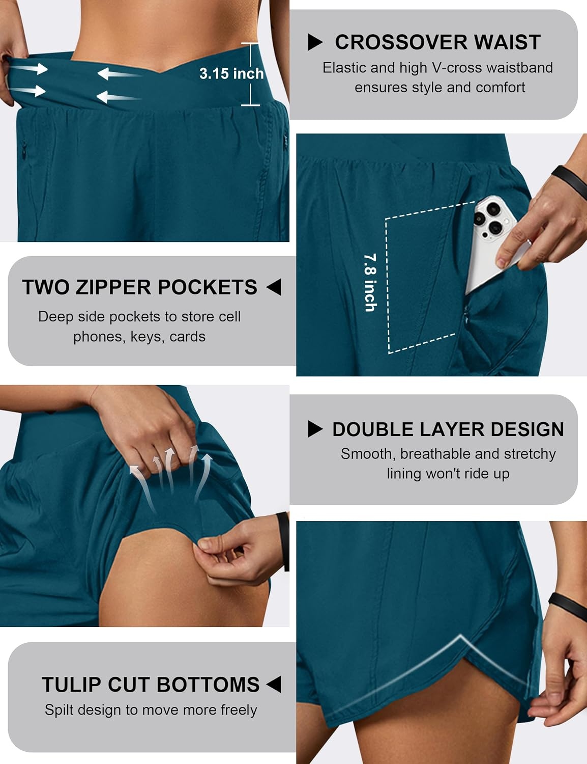 image:imageBlooming Jelly Womens Athletic Running Shorts Crossover Gym Workout ShortsDark Cyan