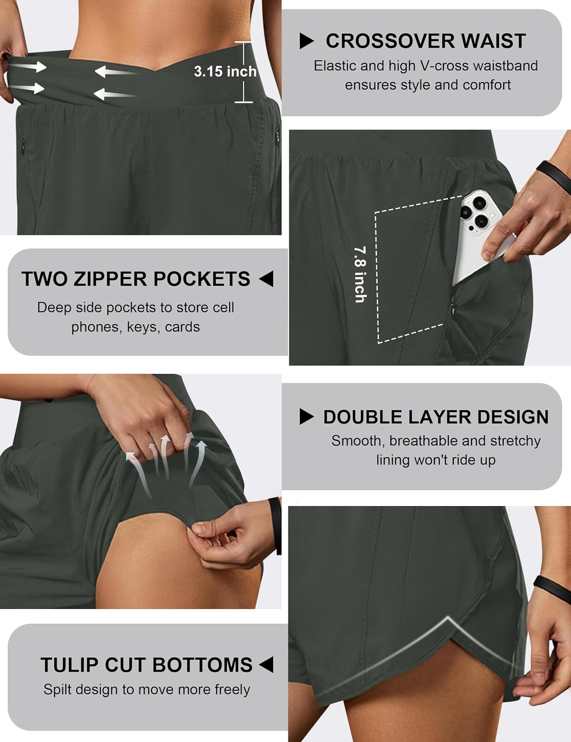 image:imageBlooming Jelly Womens Athletic Running Shorts Crossover Gym Workout ShortsDark Green
