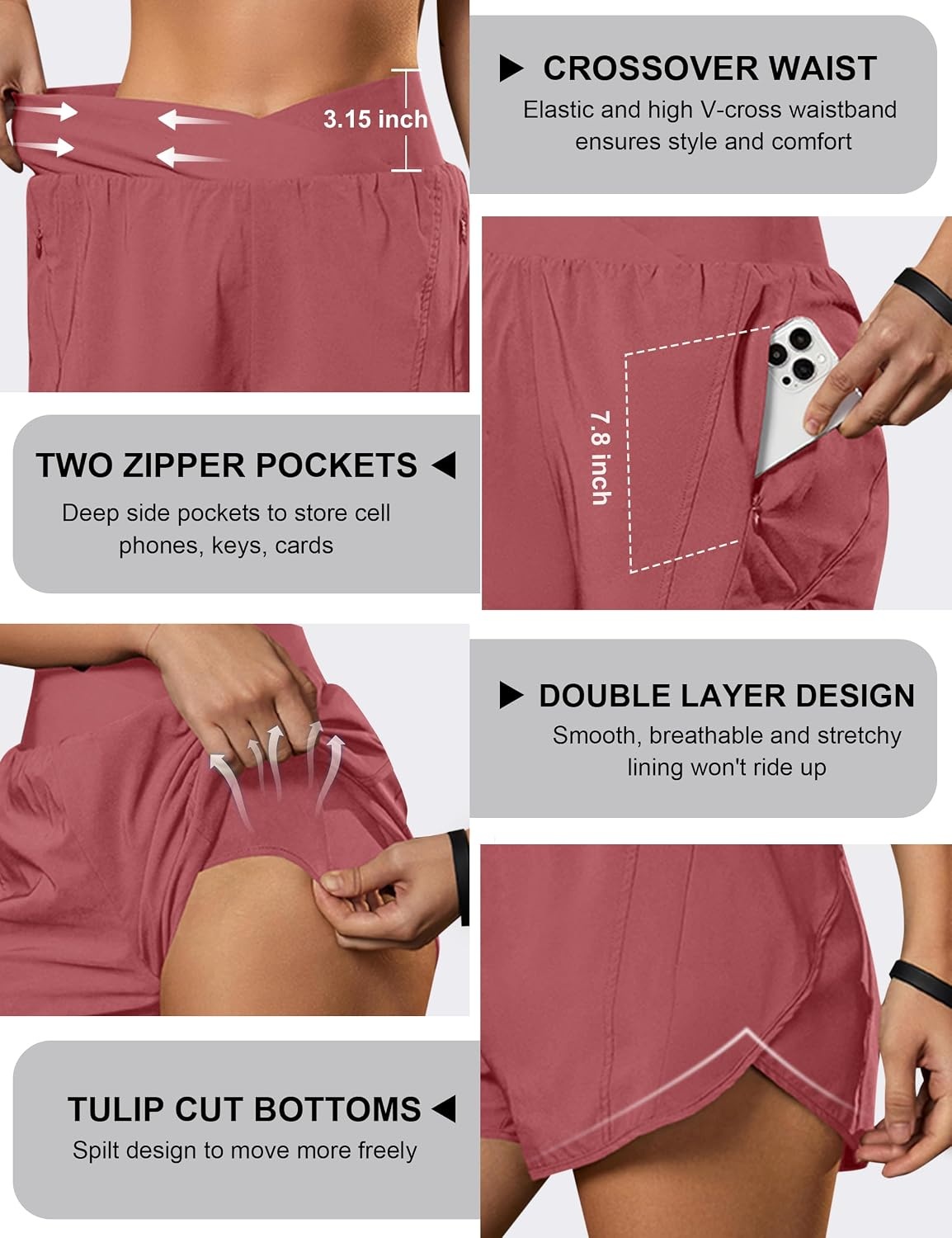 image:imageBlooming Jelly Womens Athletic Running Shorts Crossover Gym Workout ShortsDusty Pink
