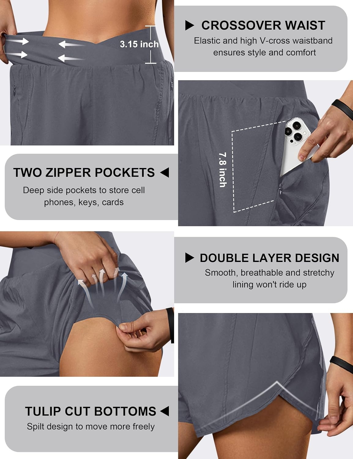 image:imageBlooming Jelly Womens Athletic Running Shorts Crossover Gym Workout ShortsMedium Grey