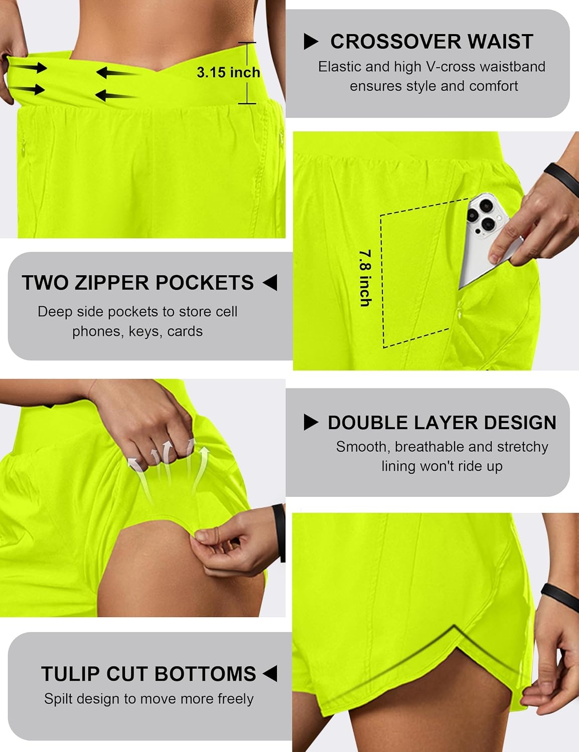 image:imageBlooming Jelly Womens Athletic Running Shorts Crossover Gym Workout ShortsNeon Green