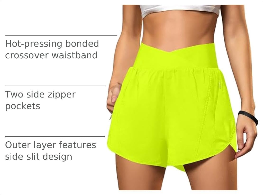 image:imageBlooming Jelly Womens Athletic Running Shorts Crossover Gym Workout ShortsNeon Green