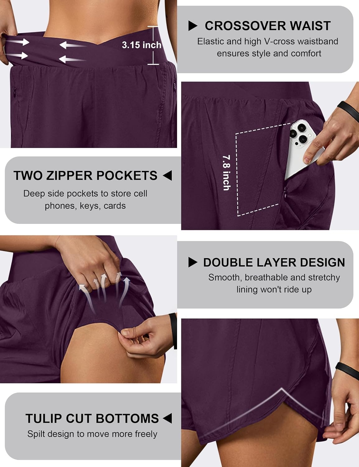 image:imageBlooming Jelly Womens Athletic Running Shorts Crossover Gym Workout ShortsPurple