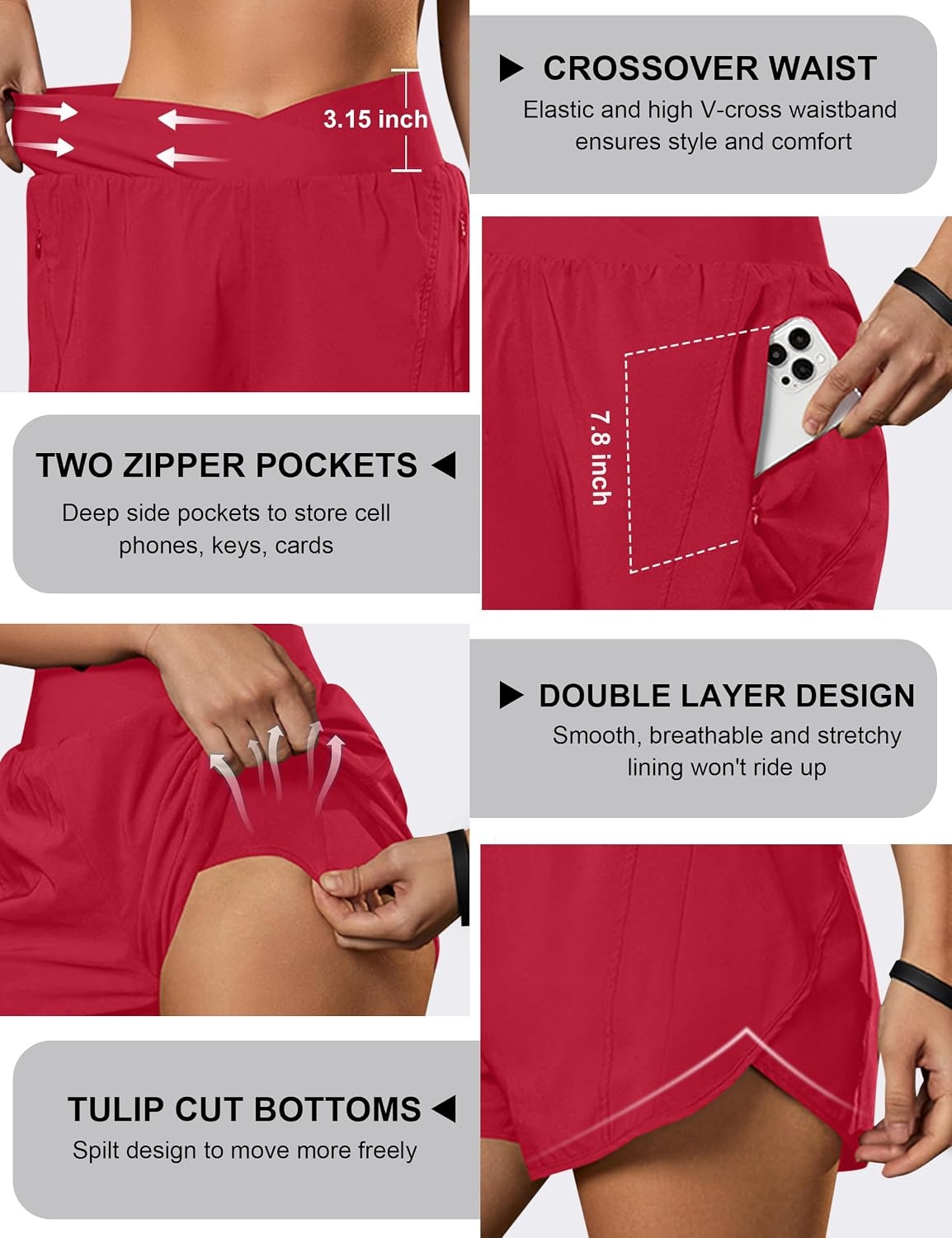image:imageBlooming Jelly Womens Athletic Running Shorts Crossover Gym Workout ShortsRed