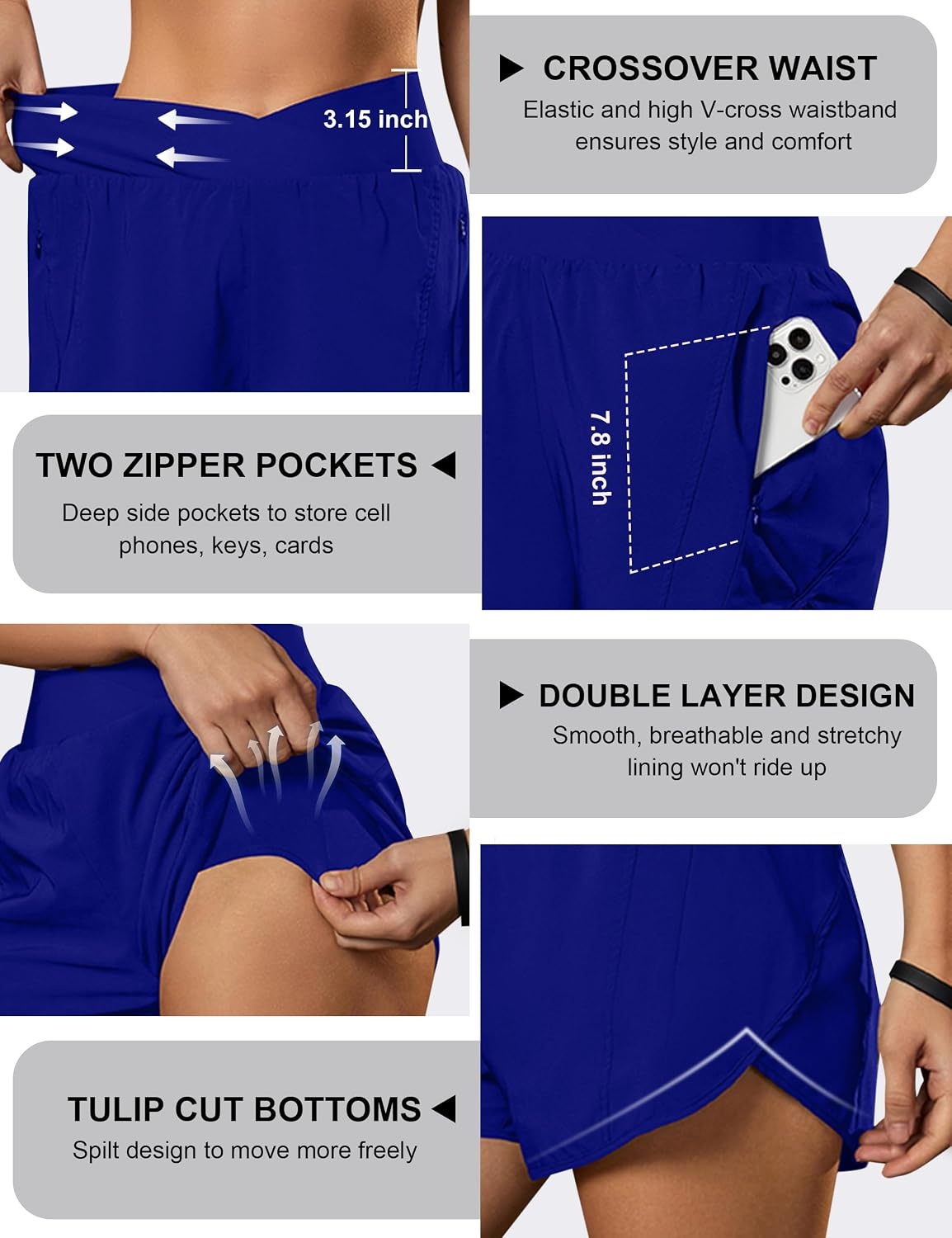 image:imageBlooming Jelly Womens Athletic Running Shorts Crossover Gym Workout ShortsRoyal Blue