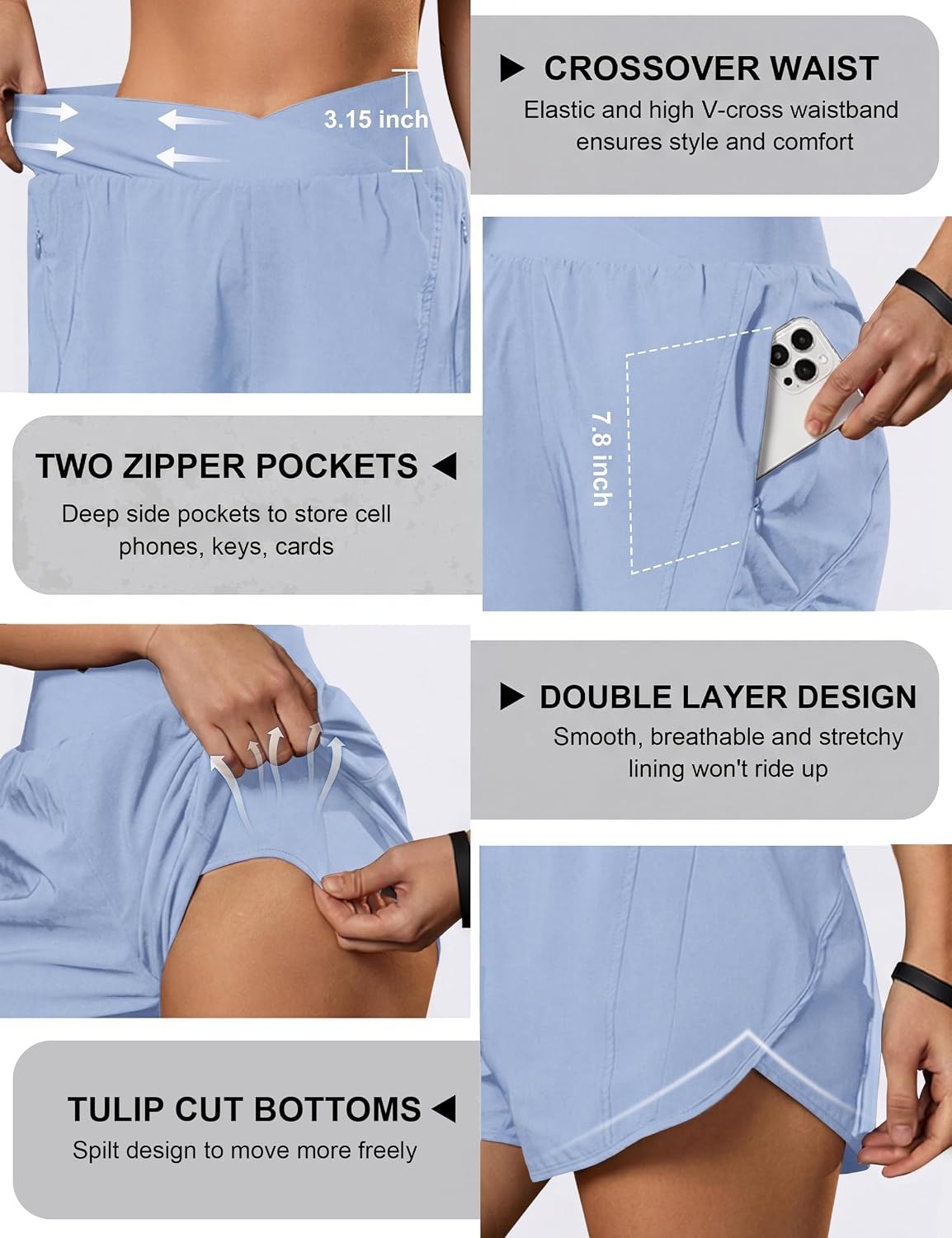 image:imageBlooming Jelly Womens Athletic Running Shorts Crossover Gym Workout ShortsSky Blue