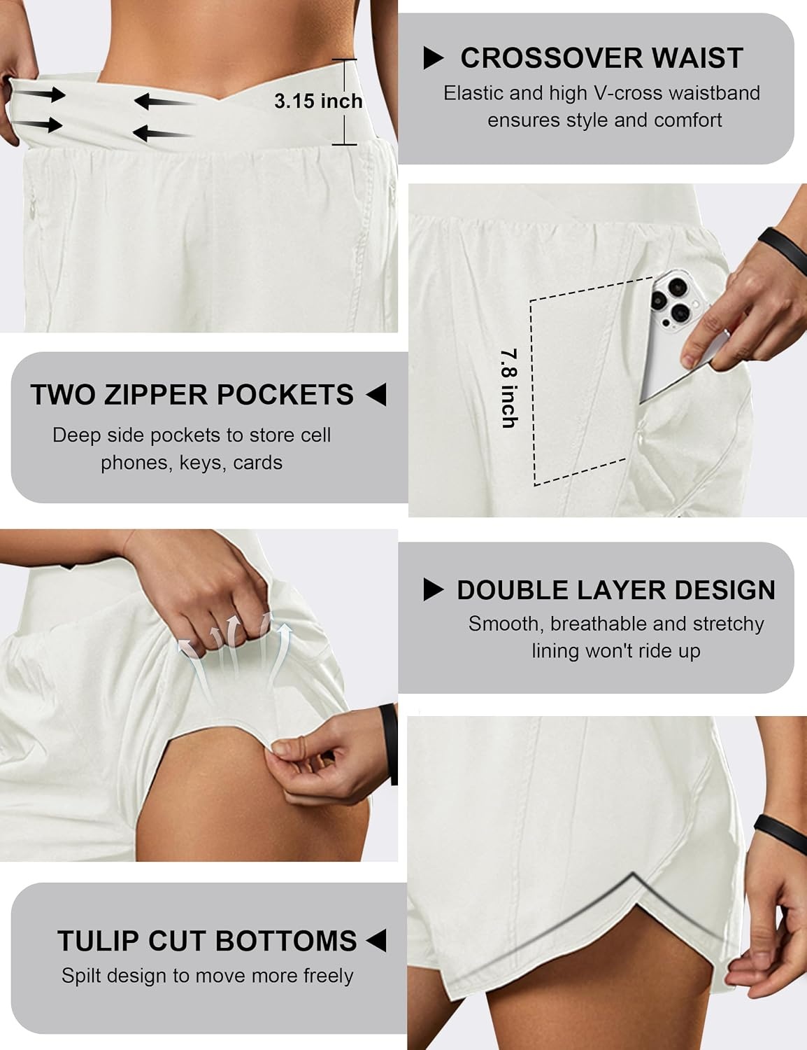 image:imageBlooming Jelly Womens Athletic Running Shorts Crossover Gym Workout ShortsWhite