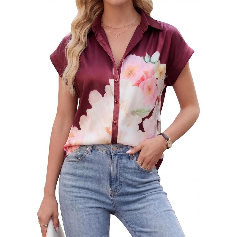 image:imageBlooming Jelly Women Dressy Casual Satin Blouses Summer Short Sleeve Button Down Shirt Elegant Floral Print TopFloral on Dark Red