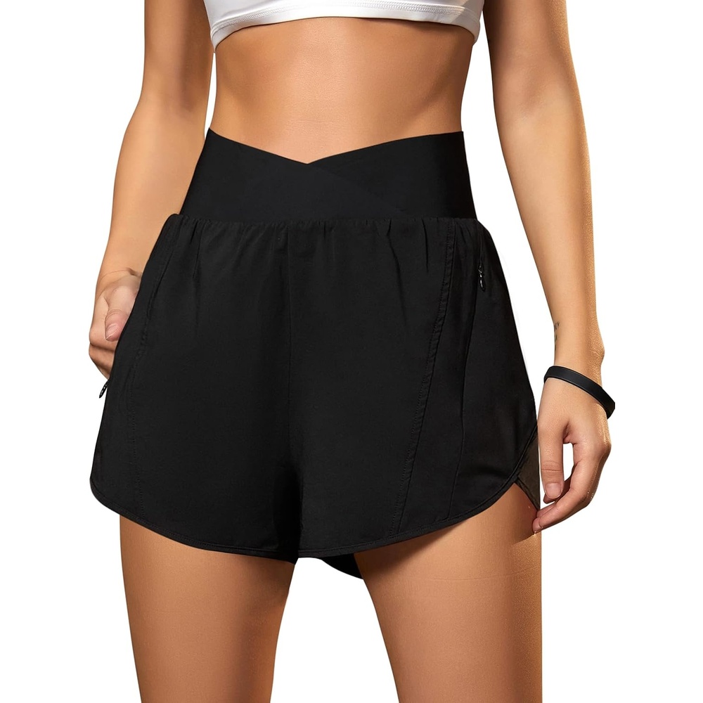 image:imageBlooming Jelly Womens Athletic Running Shorts Crossover Gym Workout ShortsBlack