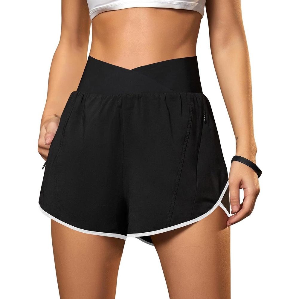 image:imageBlooming Jelly Womens Athletic Running Shorts Crossover Gym Workout ShortsBlack and White