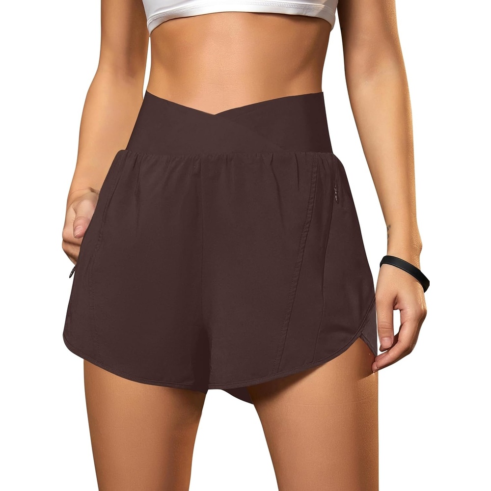 image:imageBlooming Jelly Womens Athletic Running Shorts Crossover Gym Workout ShortsBrown