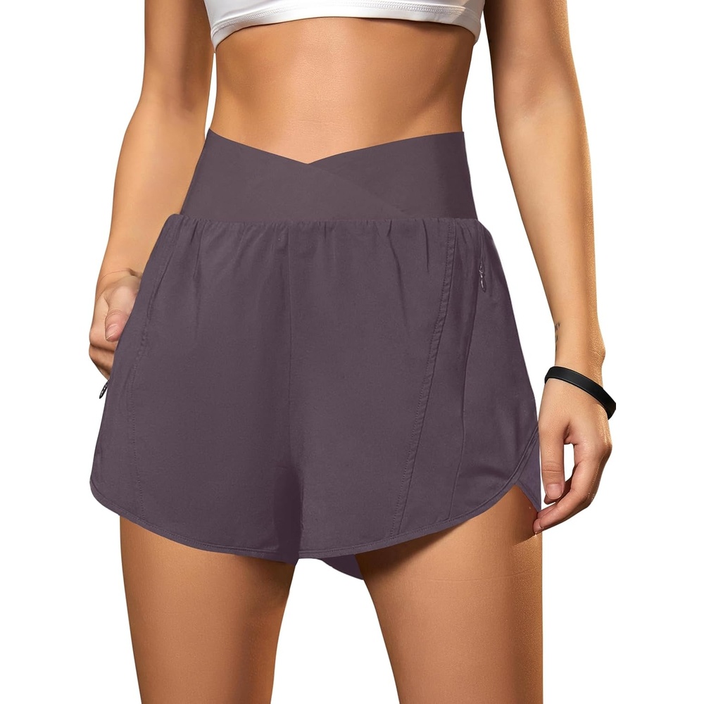 image:imageBlooming Jelly Womens Athletic Running Shorts Crossover Gym Workout ShortsCoffee