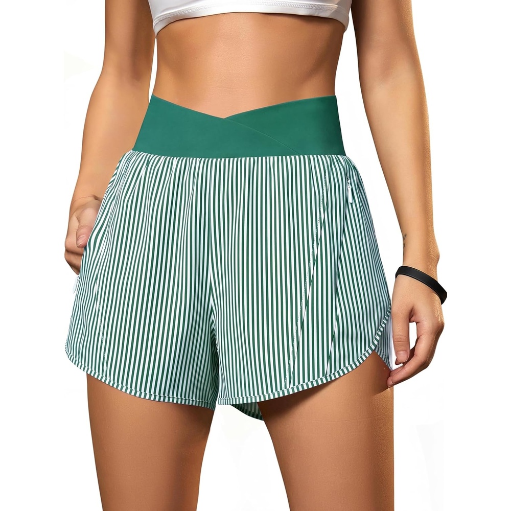 image:imageBlooming Jelly Womens Athletic Running Shorts Crossover Gym Workout ShortsGreen Striped