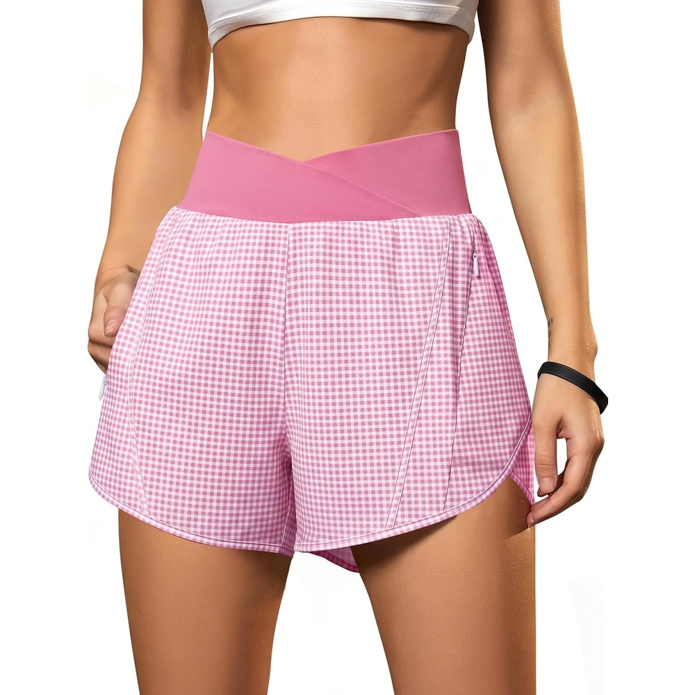 image:imageBlooming Jelly Womens Athletic Running Shorts Crossover Gym Workout ShortsPink Plaid