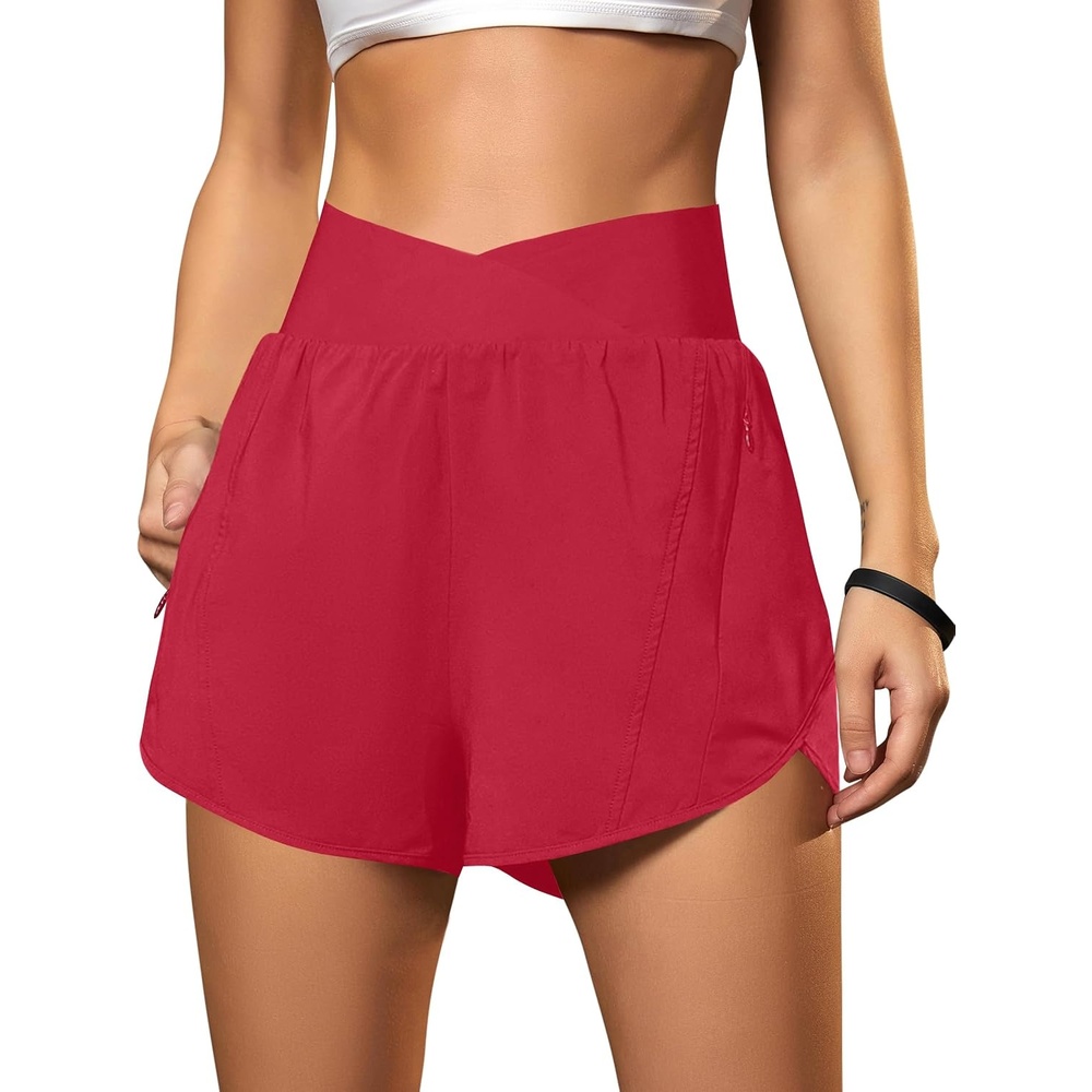 image:imageBlooming Jelly Womens Athletic Running Shorts Crossover Gym Workout ShortsRed